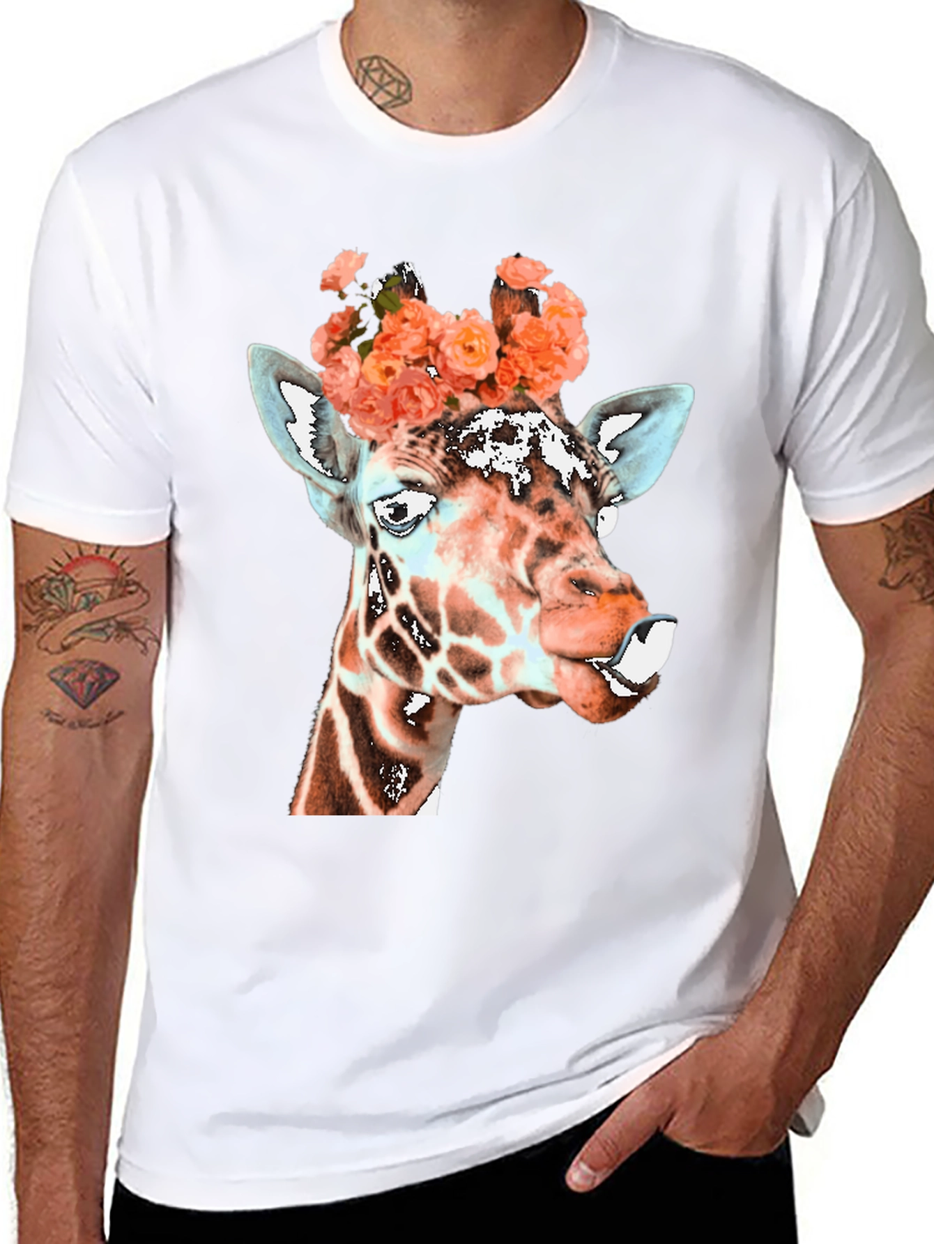 Black Giraffe Floral Crown Graphic Tee - Unique Animal Shirt view 8