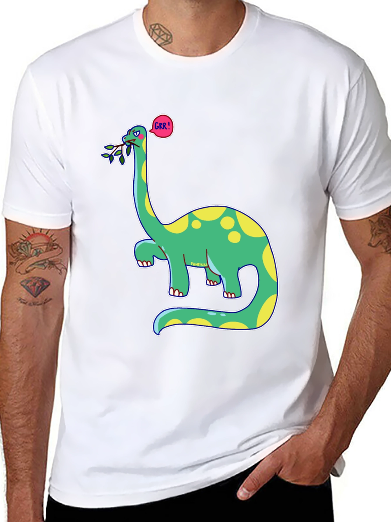 Black Dino GRR! Black T-Shirt - Cartoon Brontosaurus Tee view 8