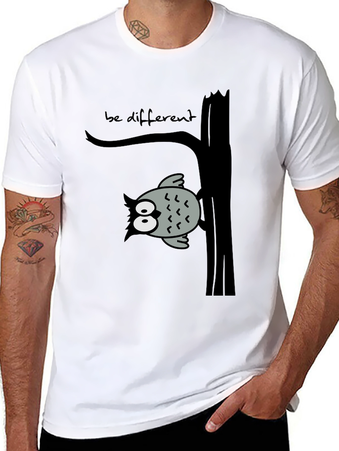 Black Be Different Owl Tree Black T-Shirt view 8