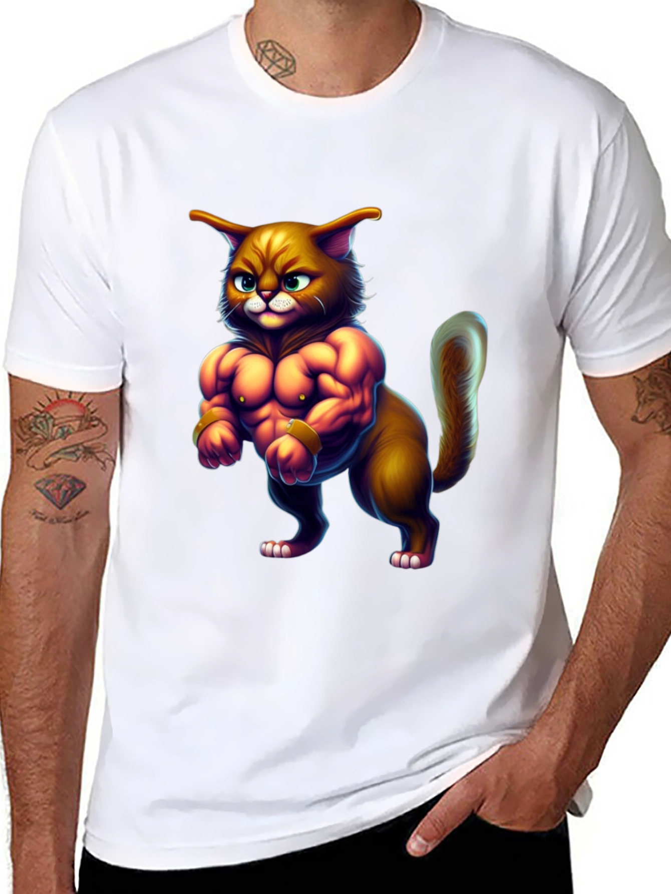 Black Buff Cat Graphic Tee - Funny Gym Cat T-Shirt view 8