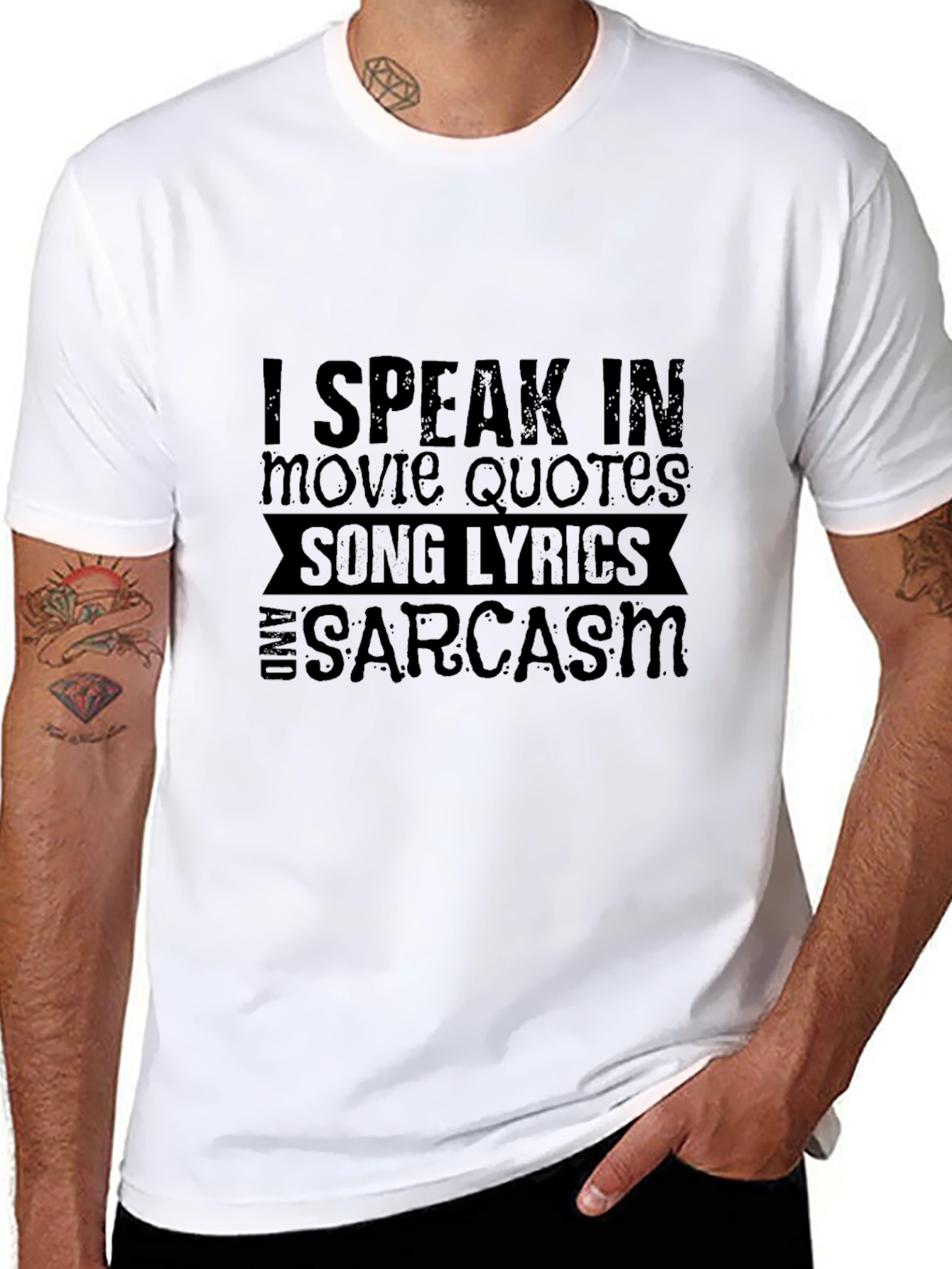 Black Humorous "I Speak in Movie Quotes" Black Graphic Tee view 8