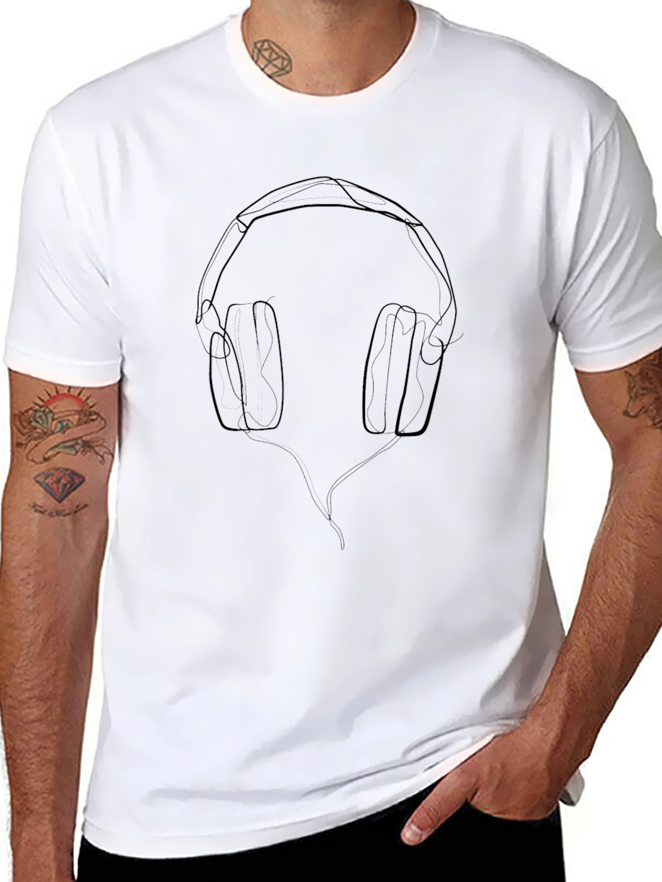 Black Minimalist Headphone Line Art T-Shirt view 8