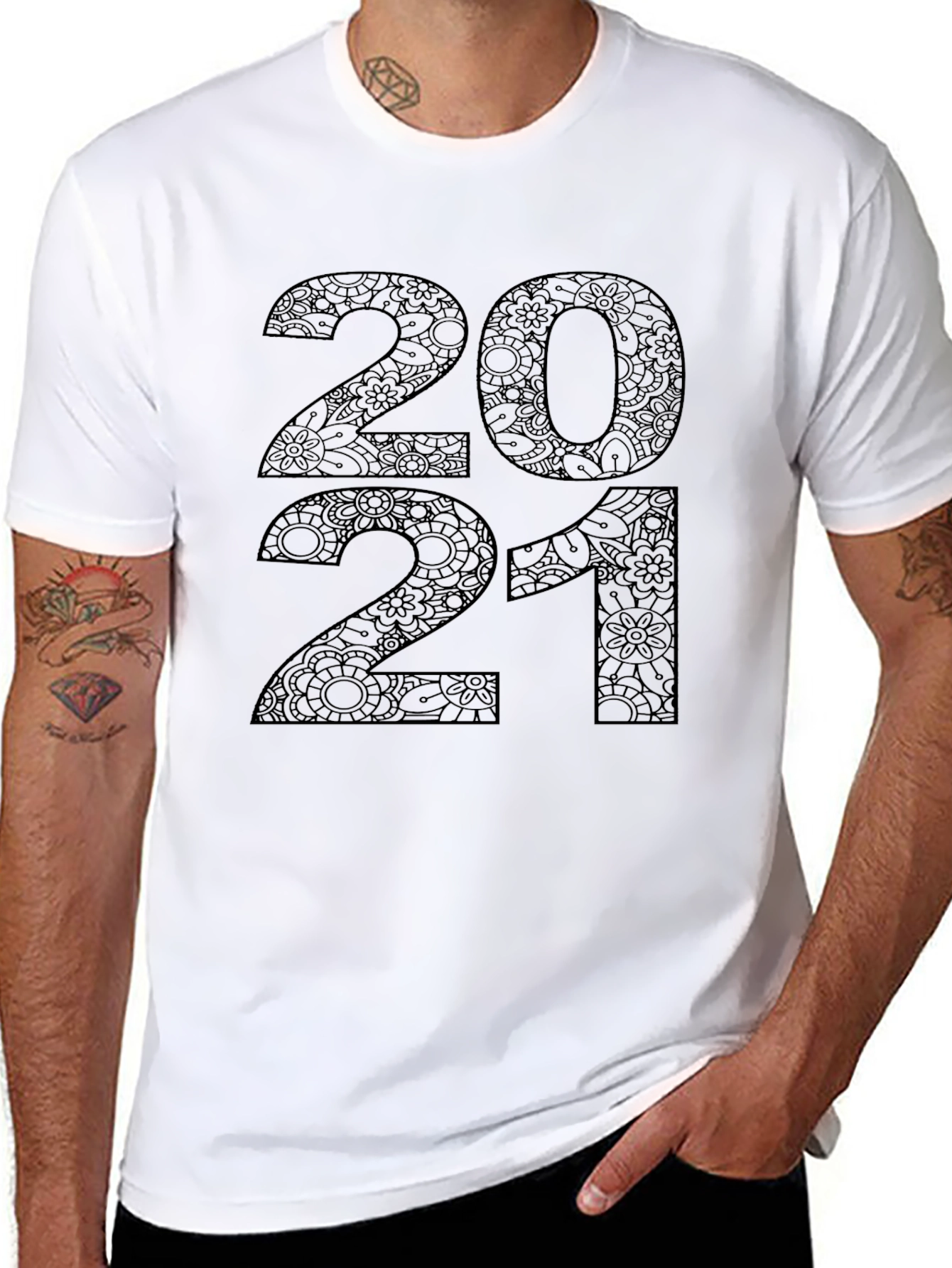 Black 2021 Floral Pattern Black T-Shirt view 8