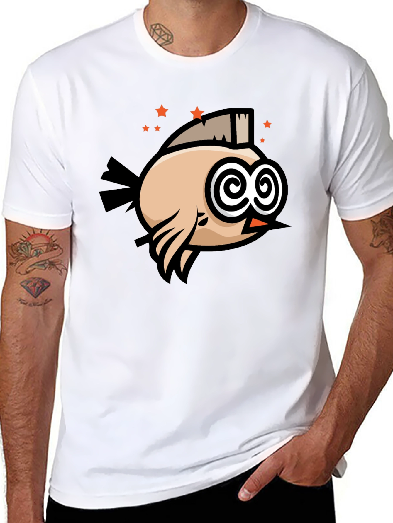 Black Funny Bird T-Shirt - Swirl Eyes Cartoon Tee view 8