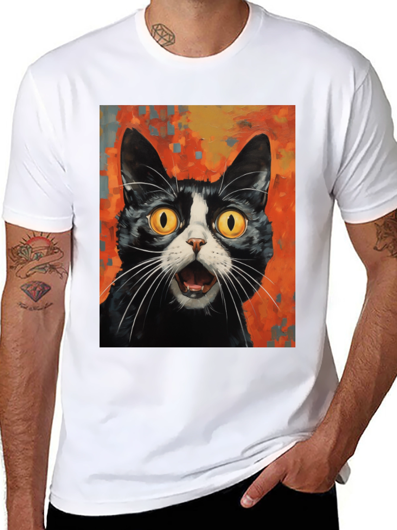 Black Shocked Cat Graphic Tee - Black Cotton T-Shirt view 8