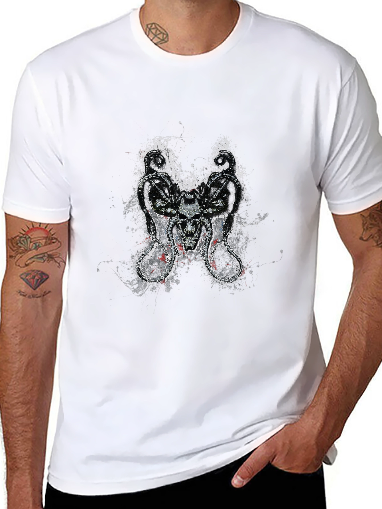 Black Skull Serpent Tee - Grunge Design Black T-Shirt view 8