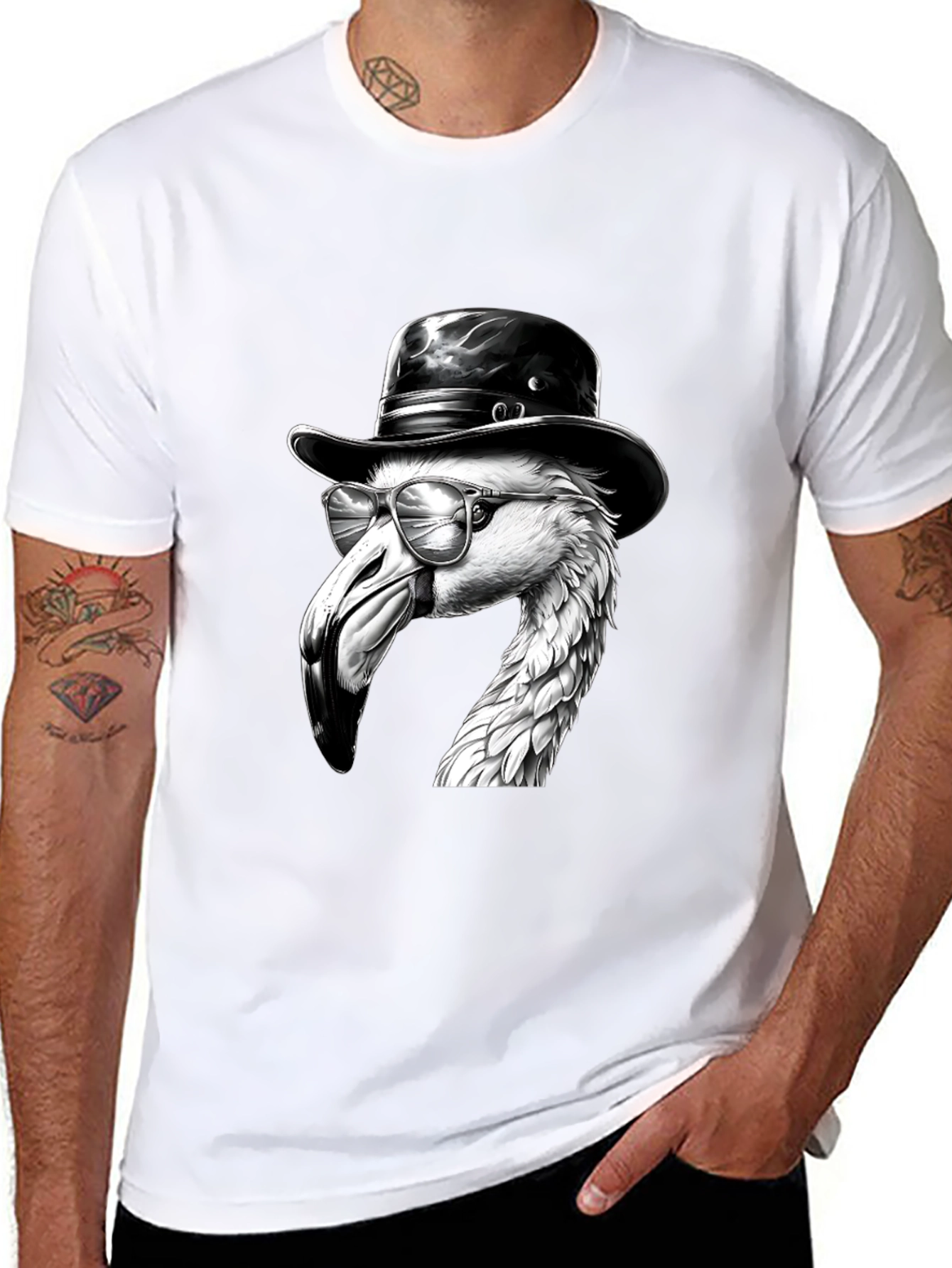 Black Flamingo Fedora Tee - Cool Bird Graphic T-Shirt view 8