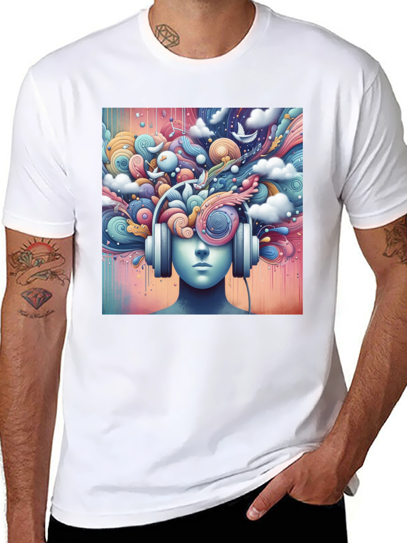Black Mindful Music Tee - Artistic Headphone Design view 8