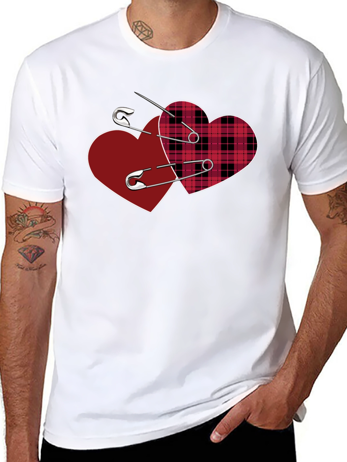 Black Safety Pin Hearts Graphic Tee - Edgy Valentine's Style view 8