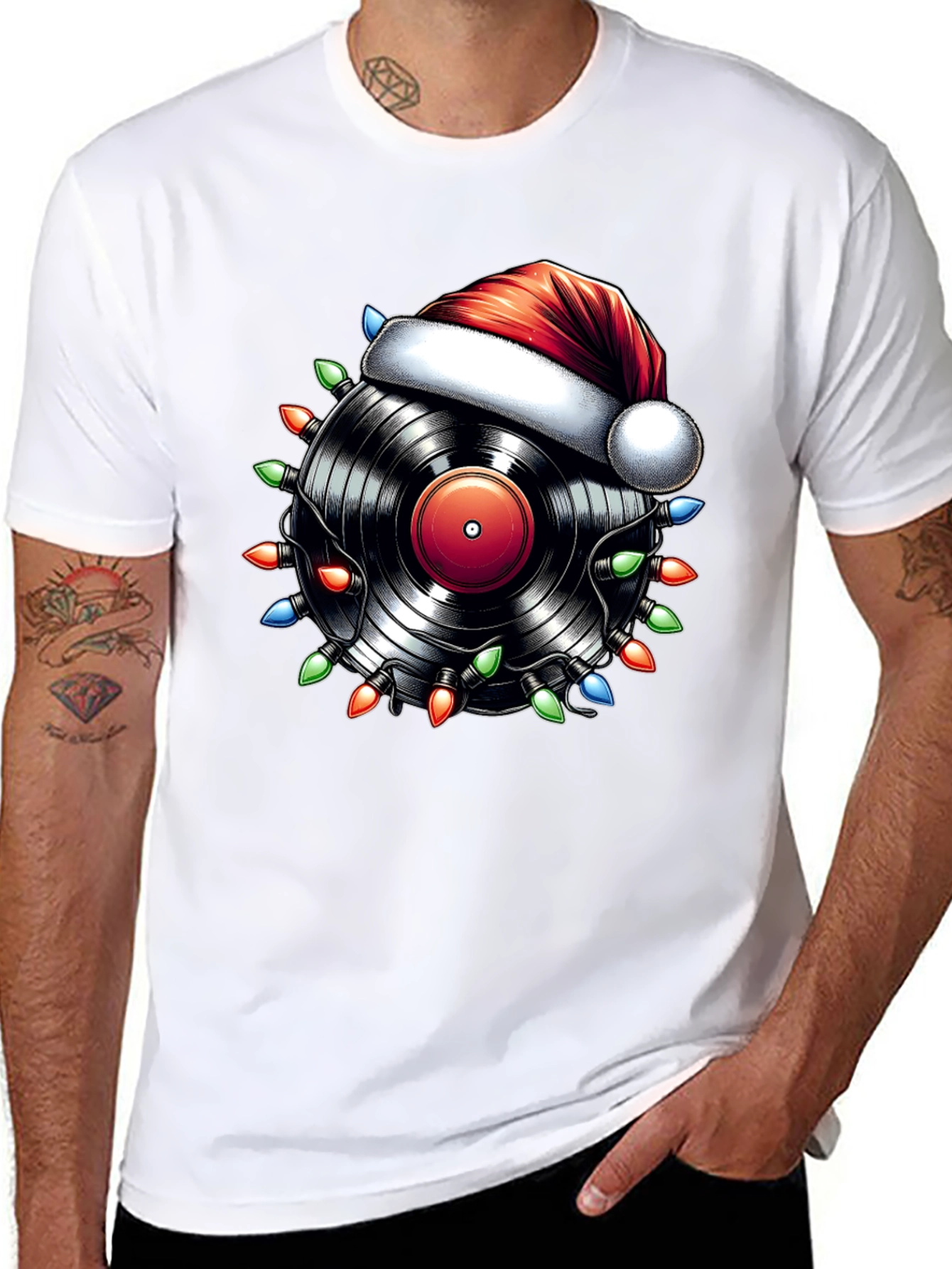 Black Festive Vinyl Record Santa Hat T-Shirt view 8