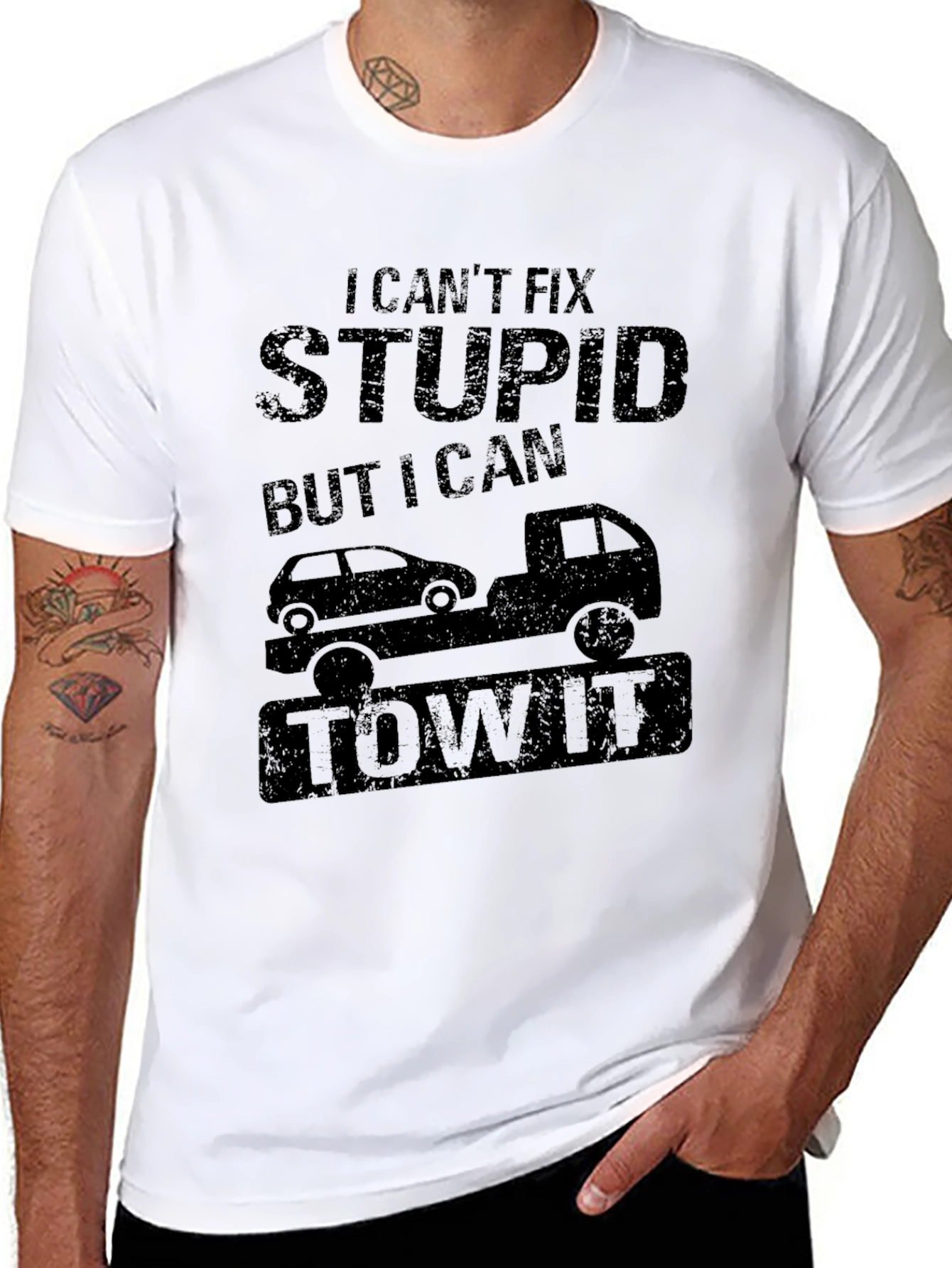 Black Funny "I Can't Fix Stupid" Tow Truck T-Shirt view 8