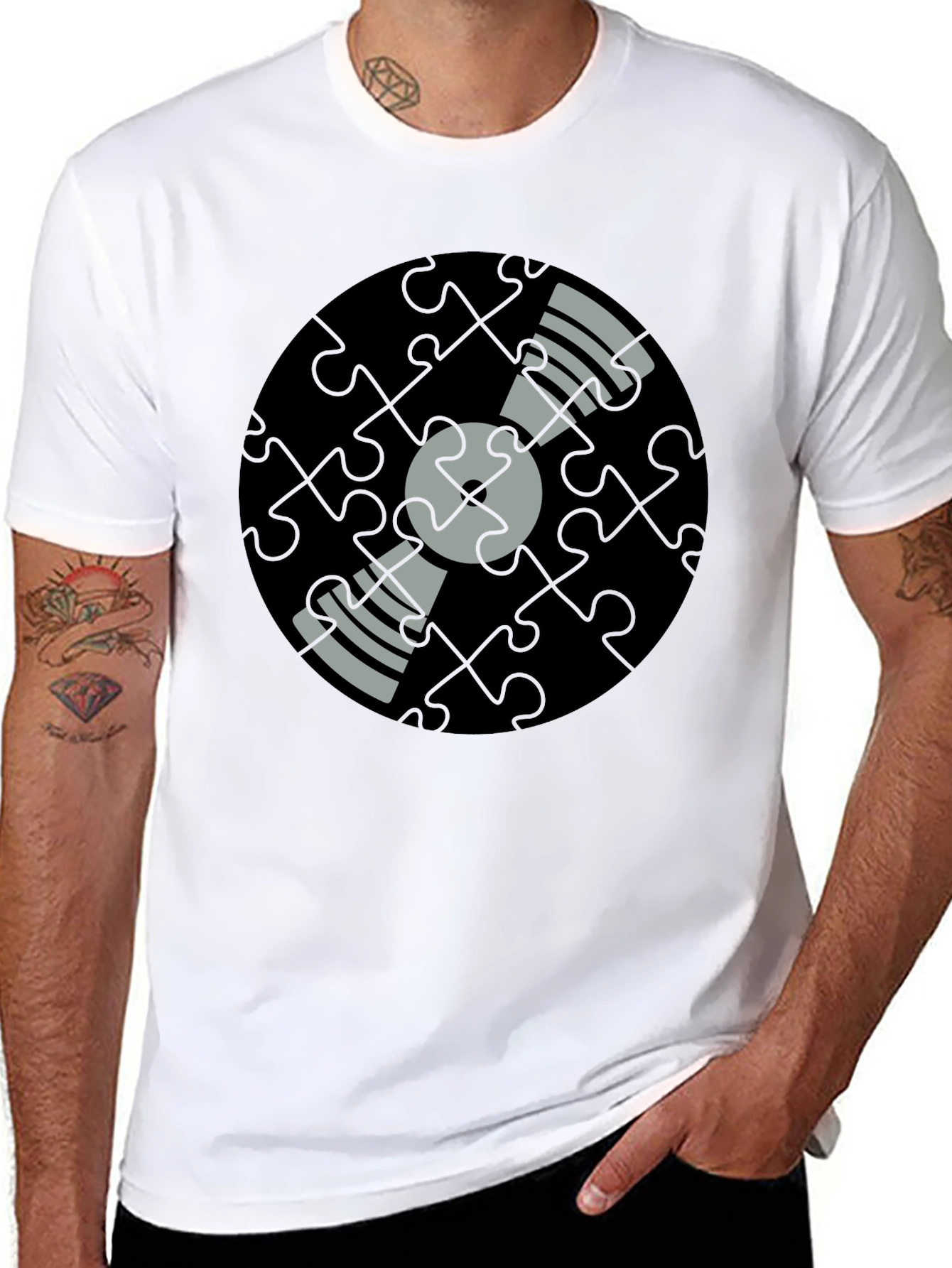 Black Puzzle Piece Vinyl Record Graphic Tee - Black view 8