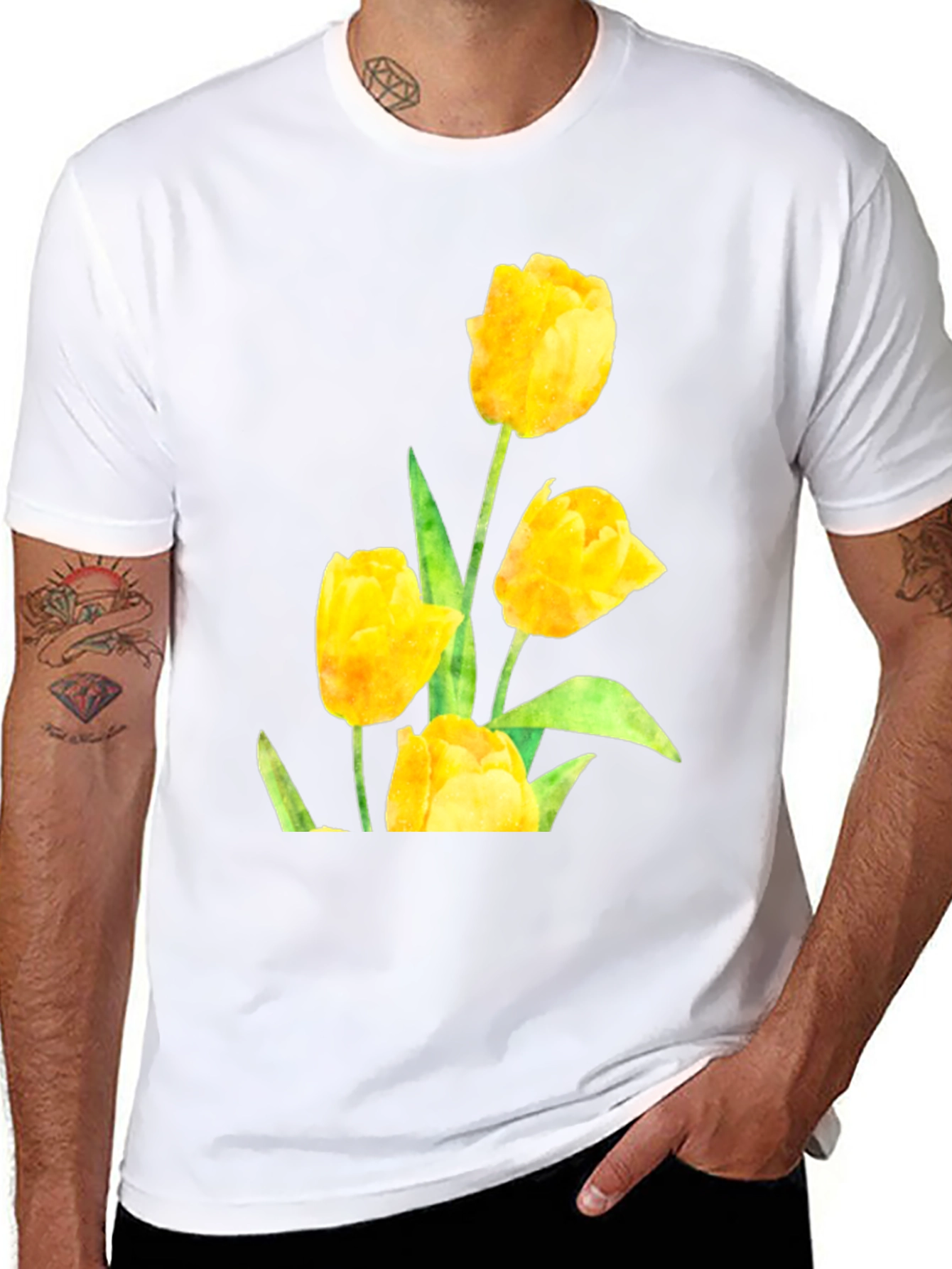 Black Men's Black T-Shirt with Yellow Tulip Floral Design view 8