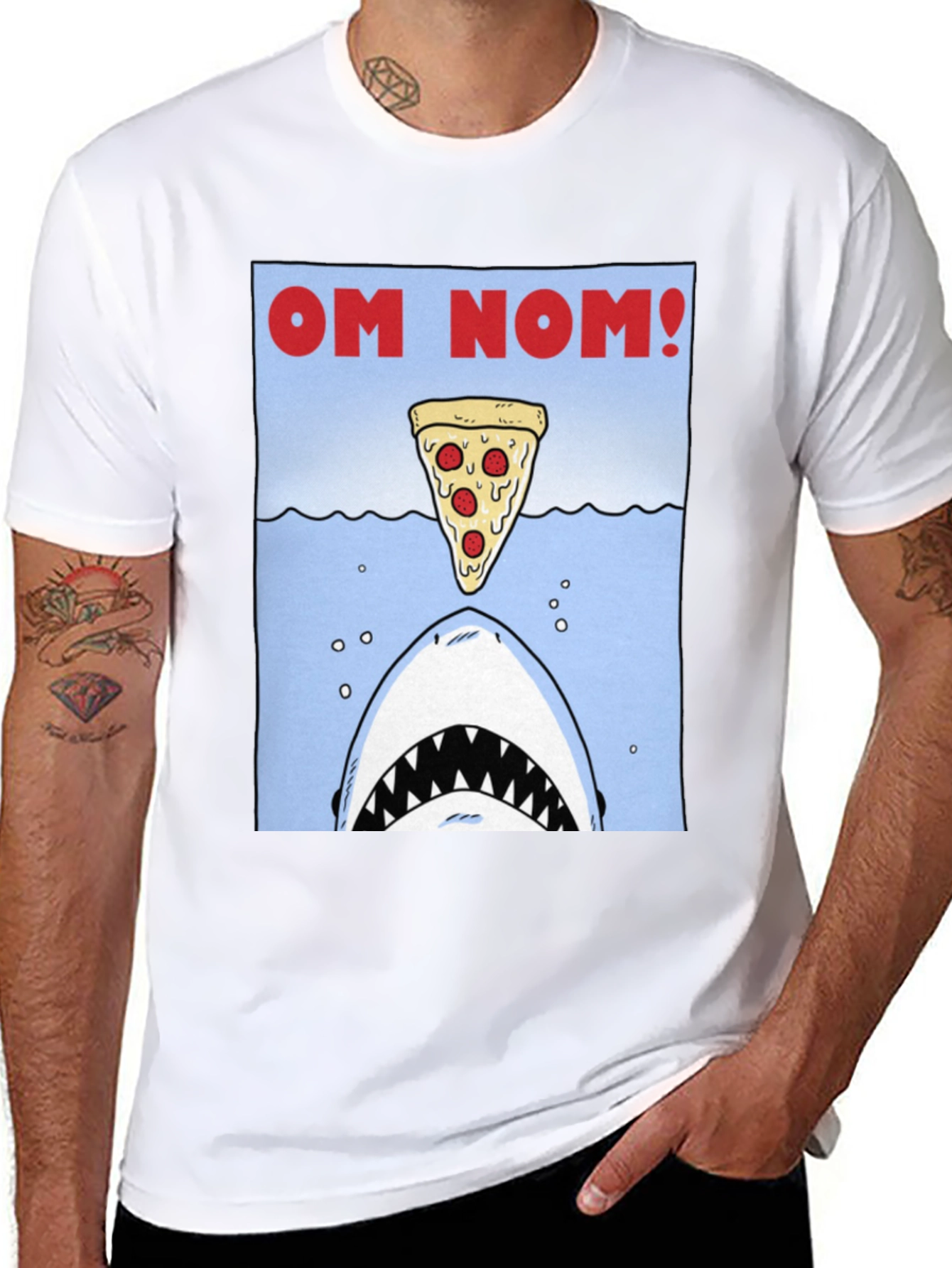 Black Om Nom Pizza Shark T-Shirt - Funny Foodie Tee view 8