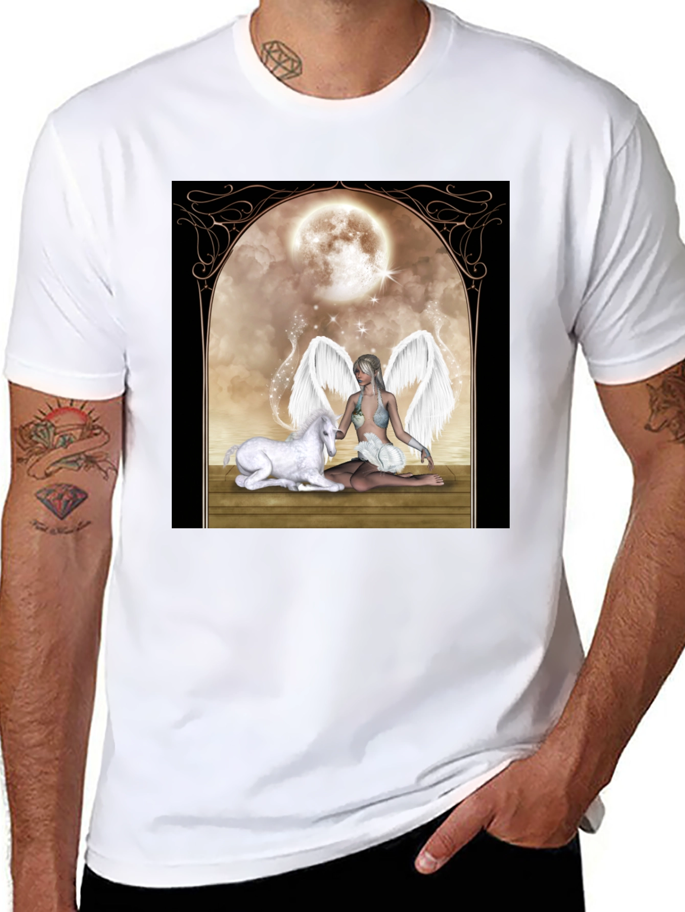 Black Fantasy Angel & Unicorn T-Shirt view 8