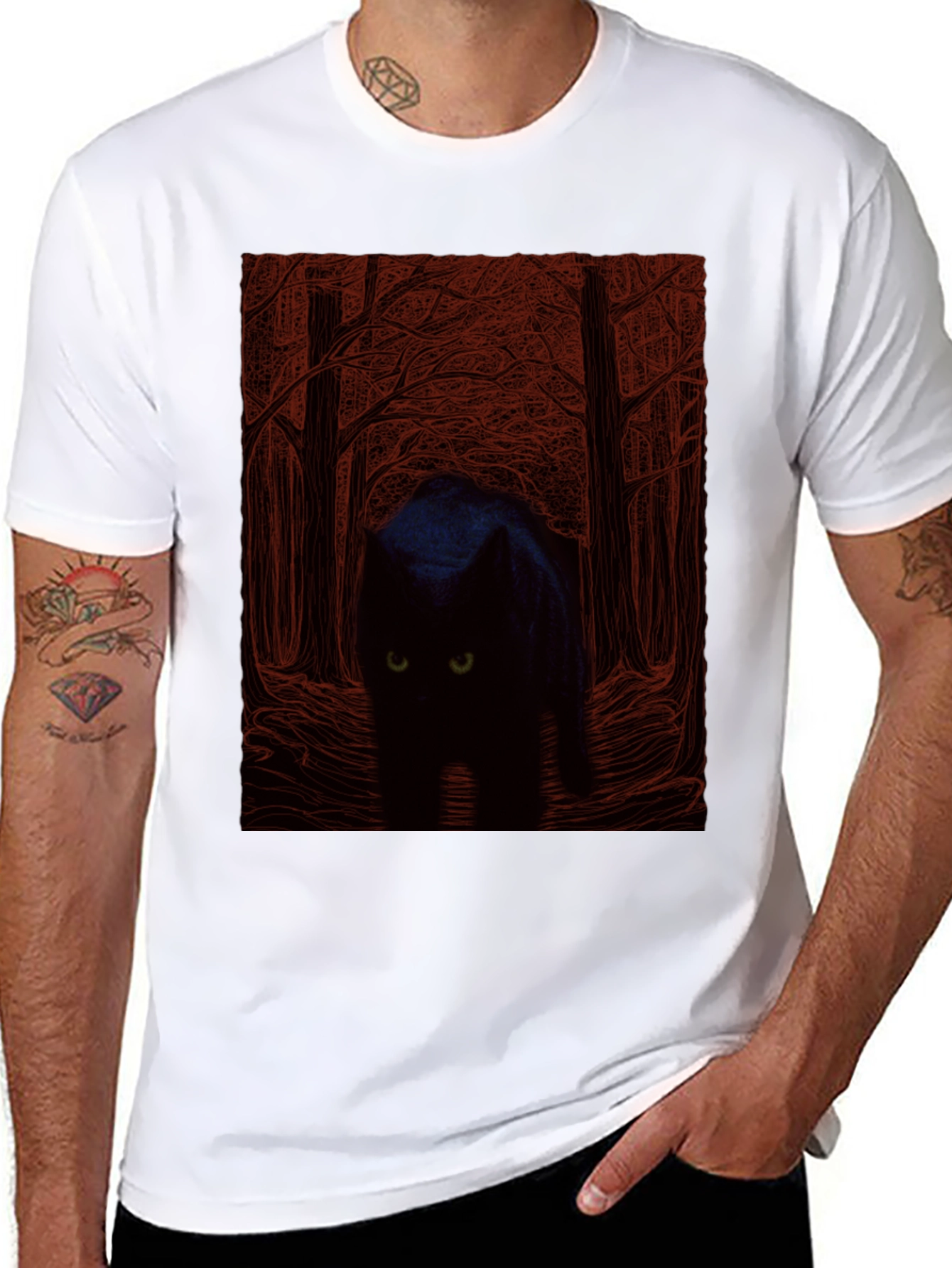 Black Black Cat Forest Graphic Tee - Men's Black T-Shirt view 8