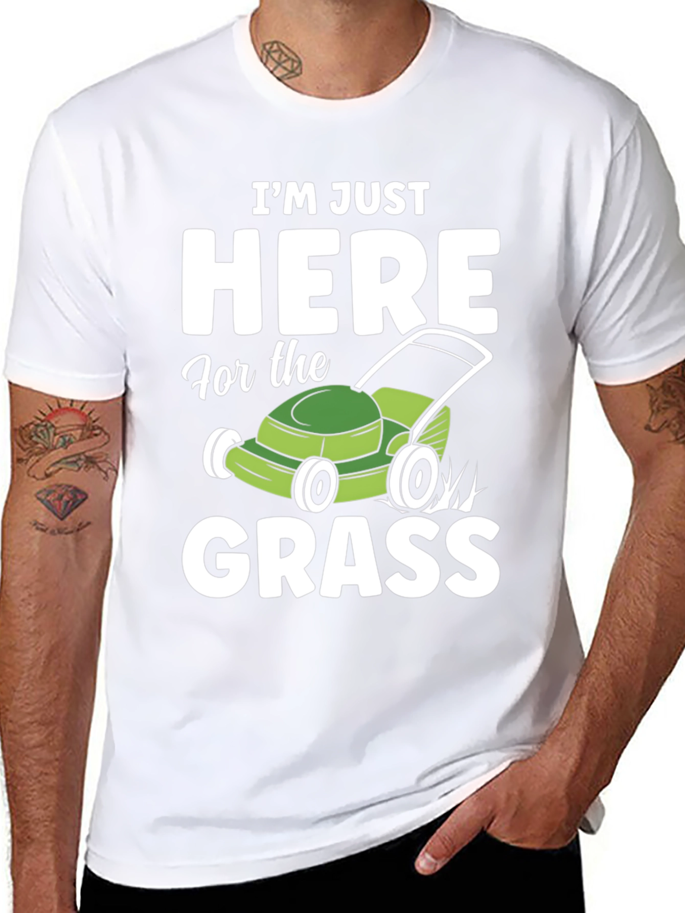Black Funny "Here for the Grass" Lawn Mowing T-Shirt view 8