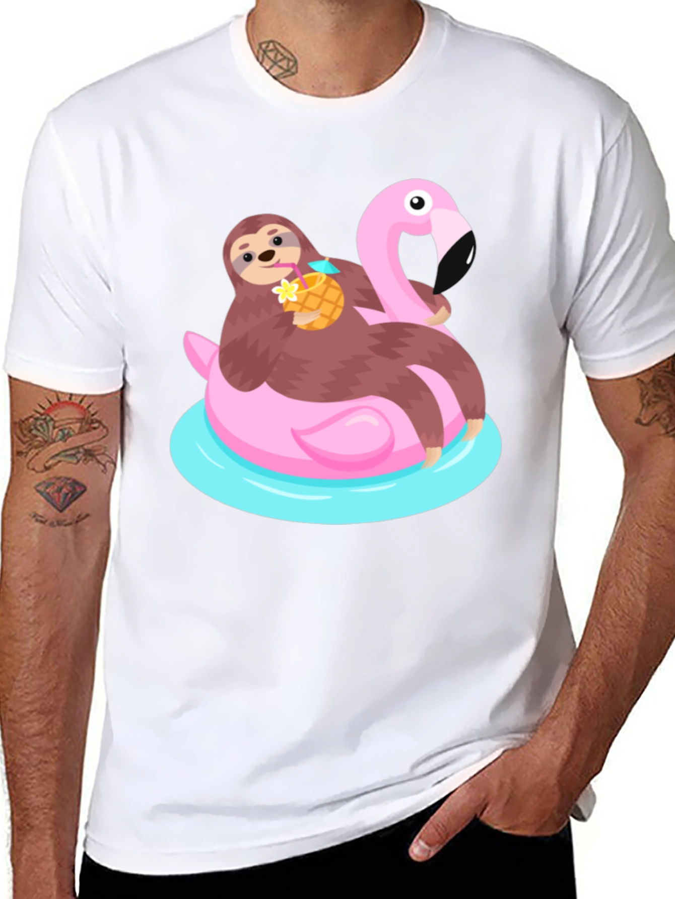 Black Sloth Flamingo Float T-Shirt - Relaxed Summer Vibes view 8