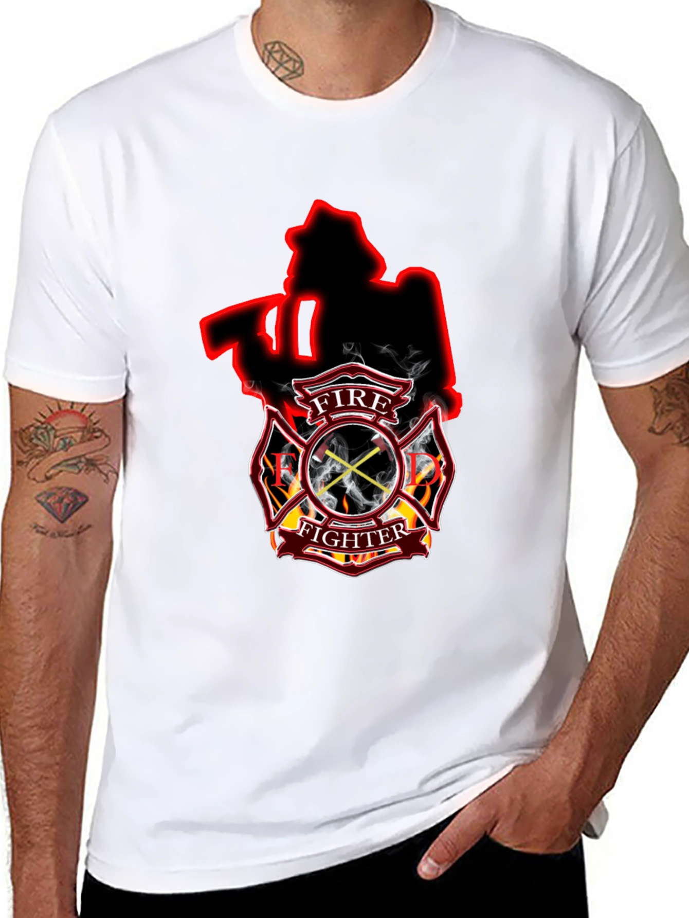 Black Firefighter Axe Shield Black T-Shirt view 8