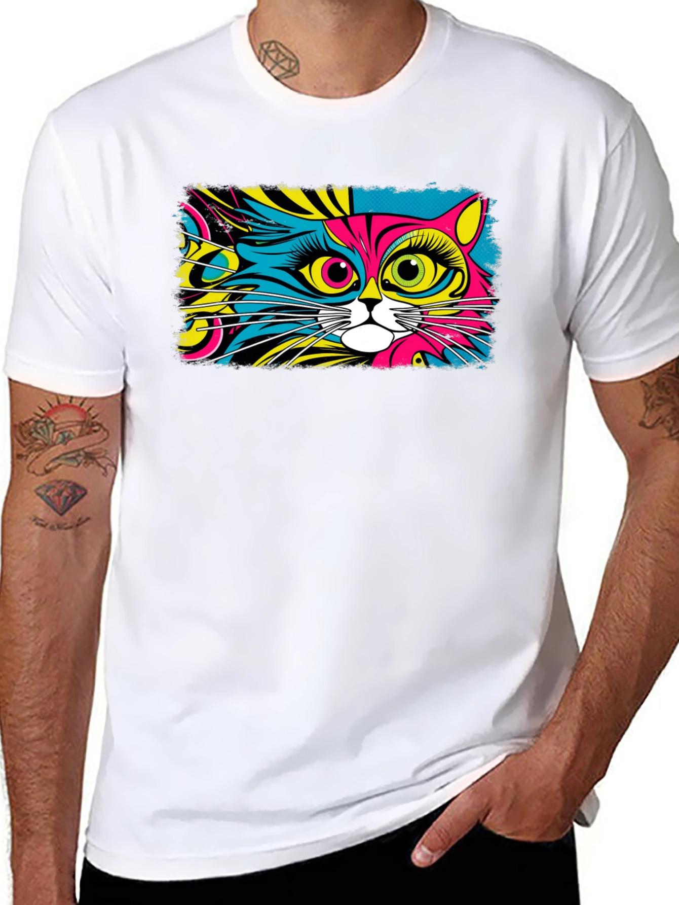 Black Psychedelic Cat Graphic Black T-Shirt view 8
