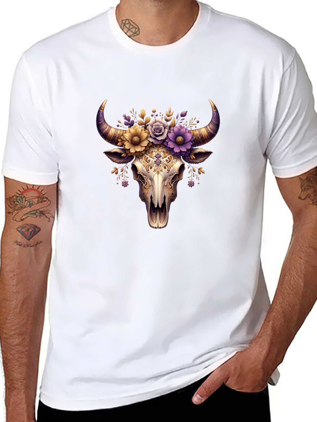 Black Floral Bull Skull Graphic Tee view 8