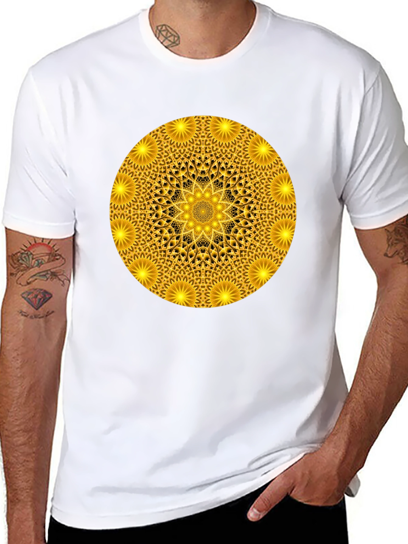 Black Golden Mandala Graphic T-Shirt - Black Crew Neck Tee view 8