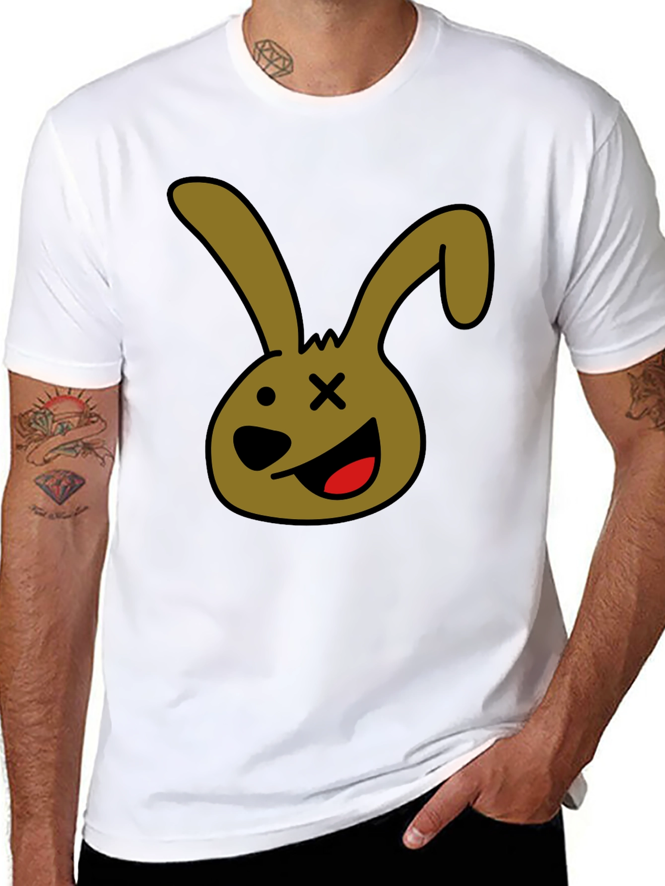 Black Cartoon Bunny Graphic Tee - Black Unisex T-Shirt view 8
