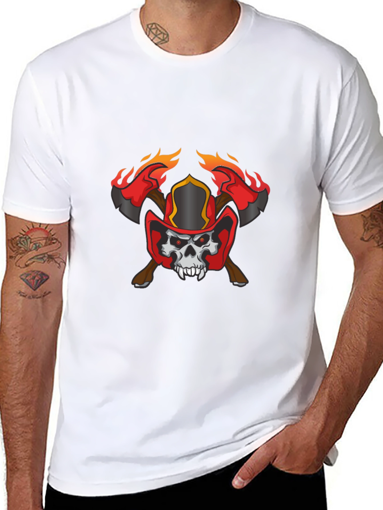 Black Skull Firefighter Axe Graphic T-Shirt view 8