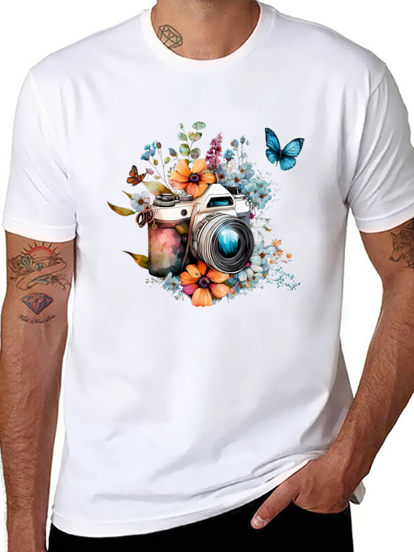 Floral Camera Black T-Shirt - 8