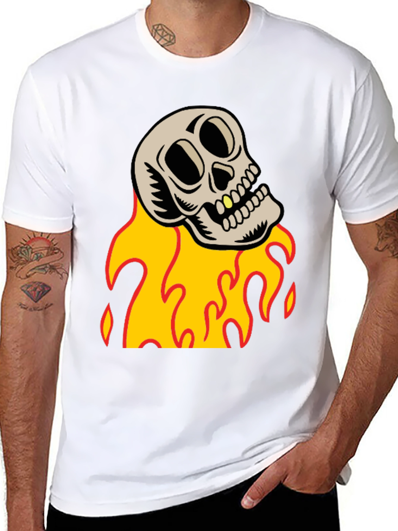 Black Skull on Fire Graphic Tee - Black Cotton T-Shirt view 8