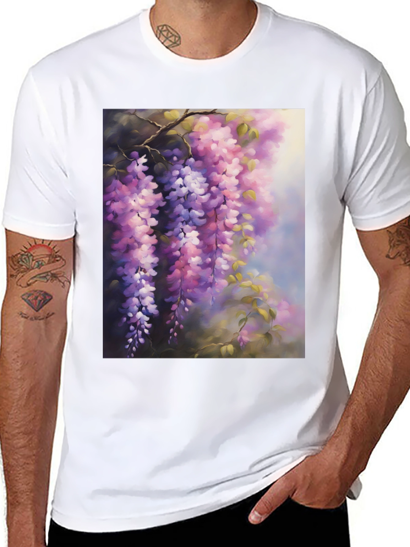 Black Floral Wisteria Print Black T-Shirt view 8
