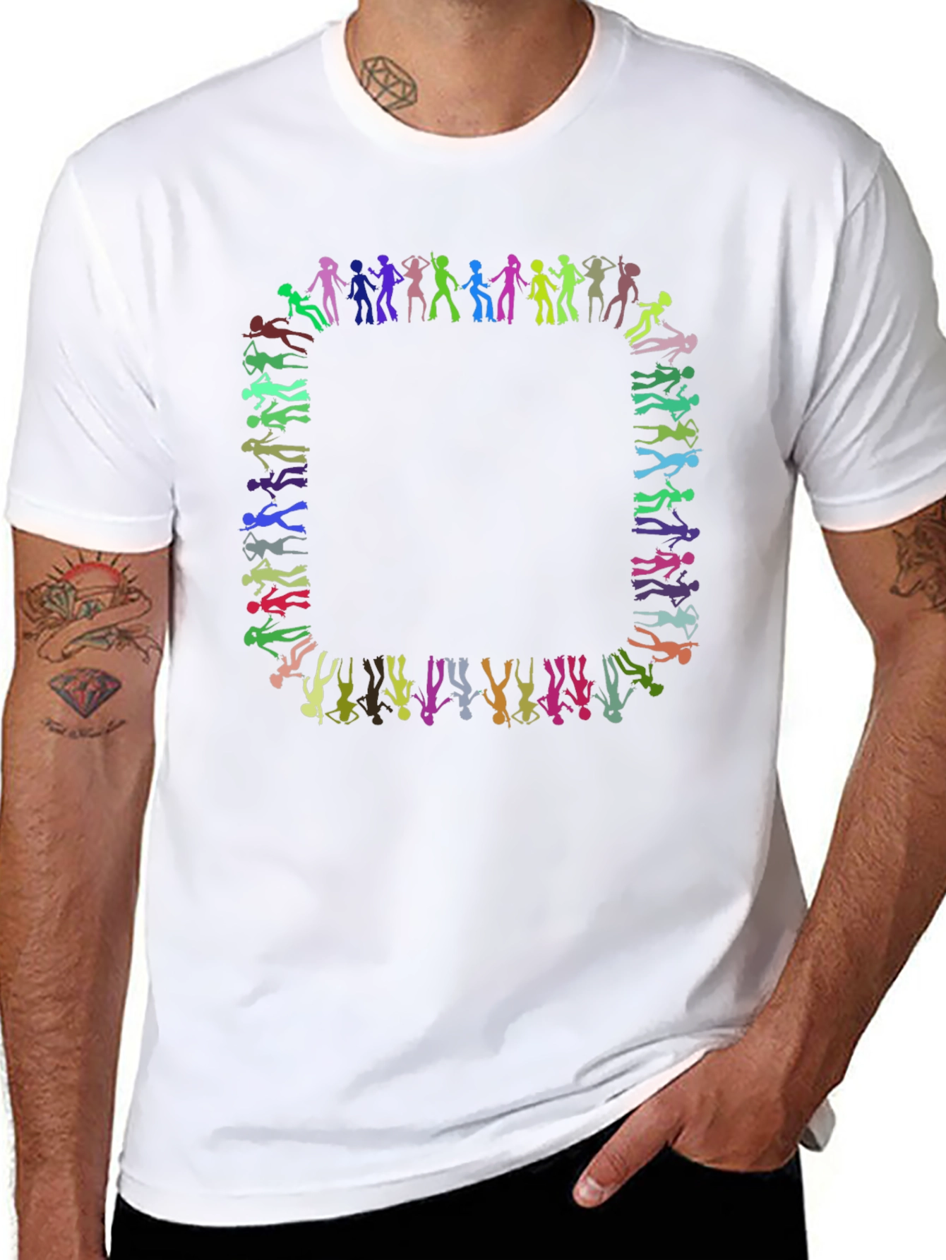 Black Colorful Silhouette People Pattern Black T-Shirt view 8