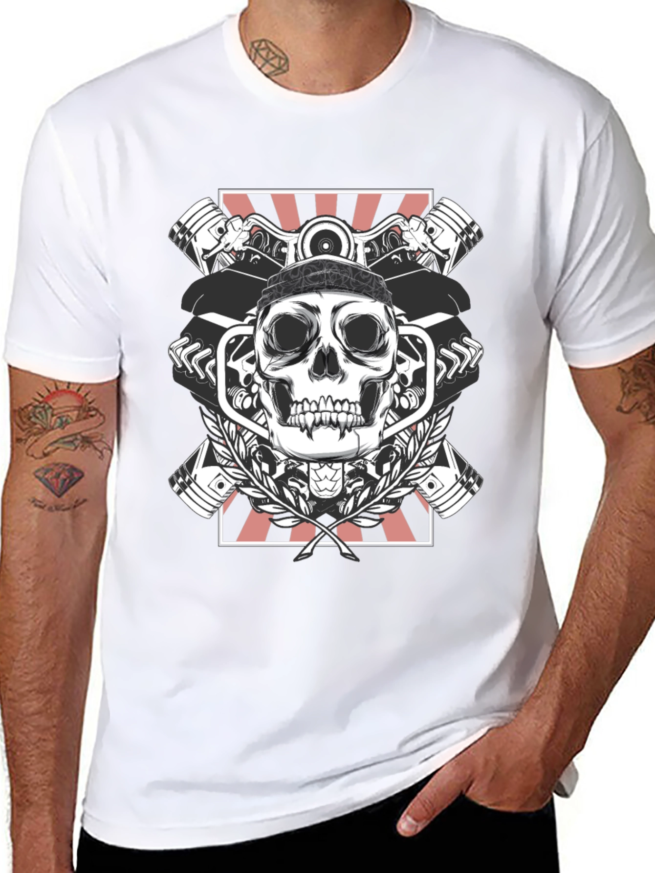 Black Skull & Pistons Graphic Tee - Black view 8