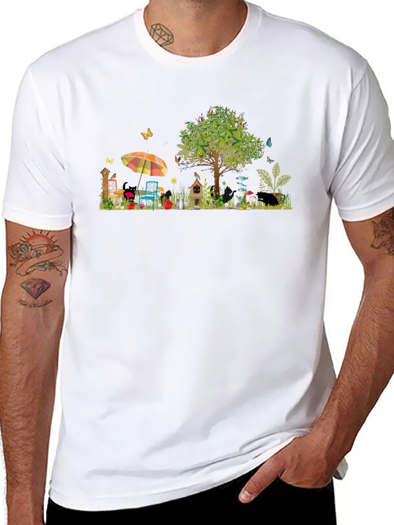 Black Whimsical Garden Scene Graphic T-Shirt view 8