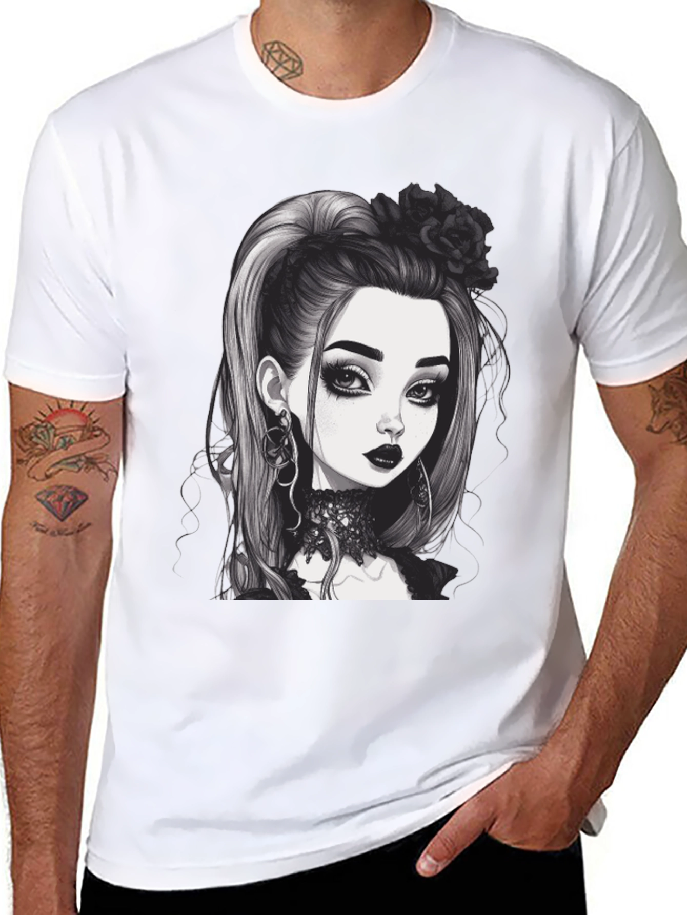 Black Gothic Girl Graphic Tee - Black Cotton T-Shirt view 8