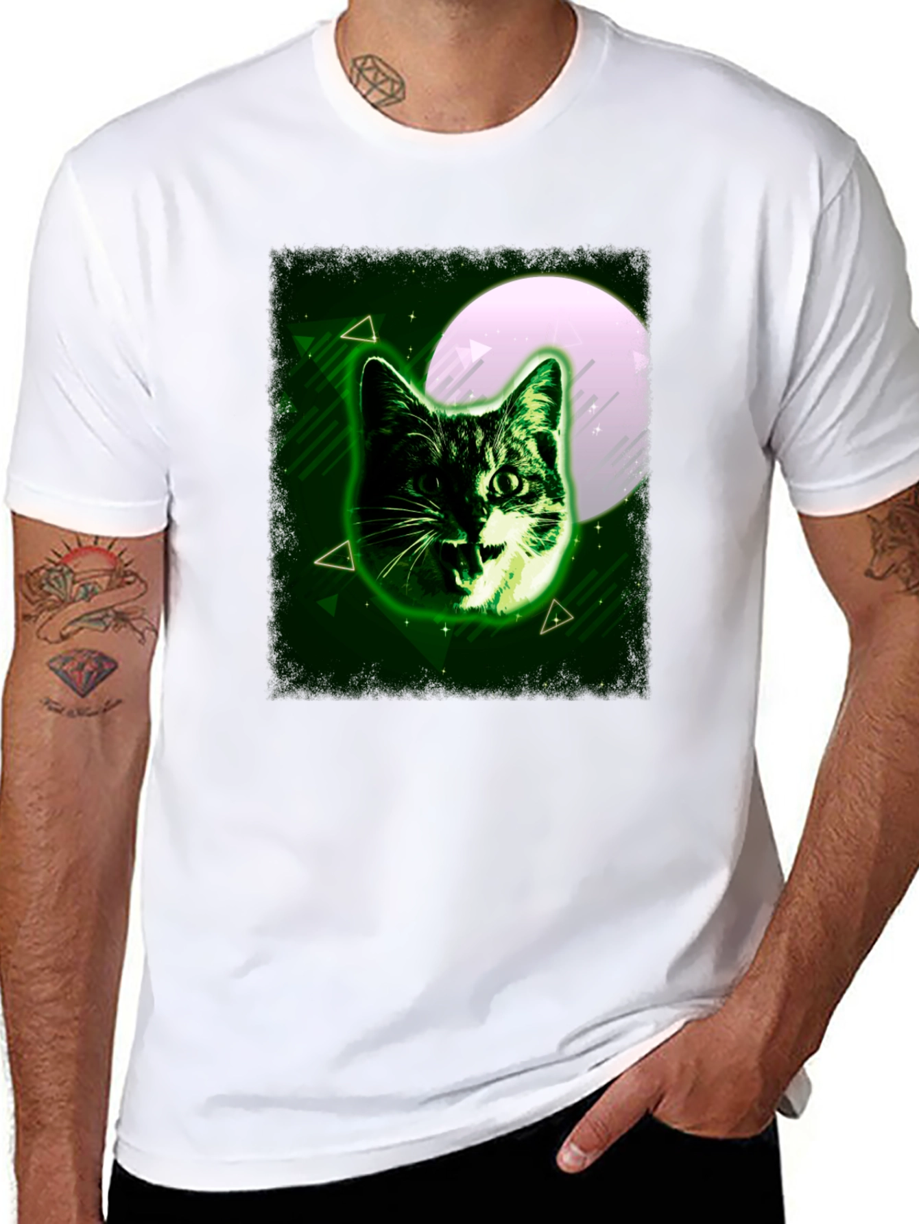 Black Green Cat Graphic Tee - Moonlit Feline Design view 8