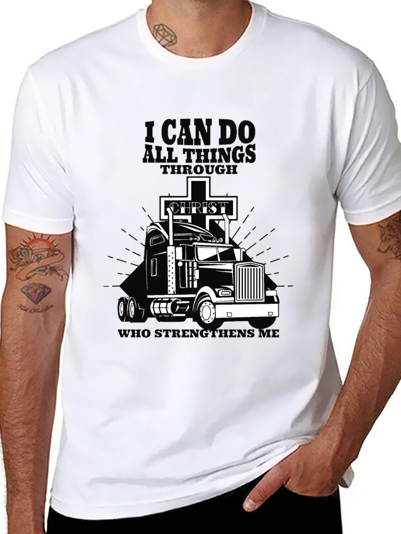 Black I Can Do All Things Trucker T-Shirt view 8