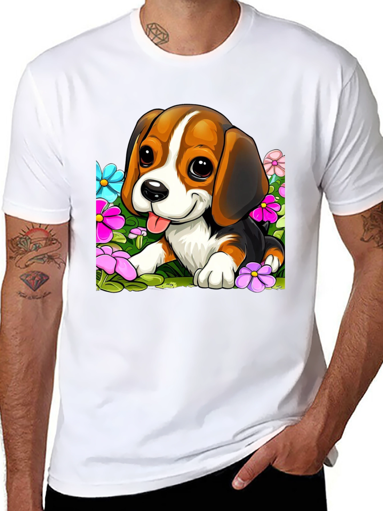 Black Cute Beagle Puppy in Flowers Black T-Shirt view 8