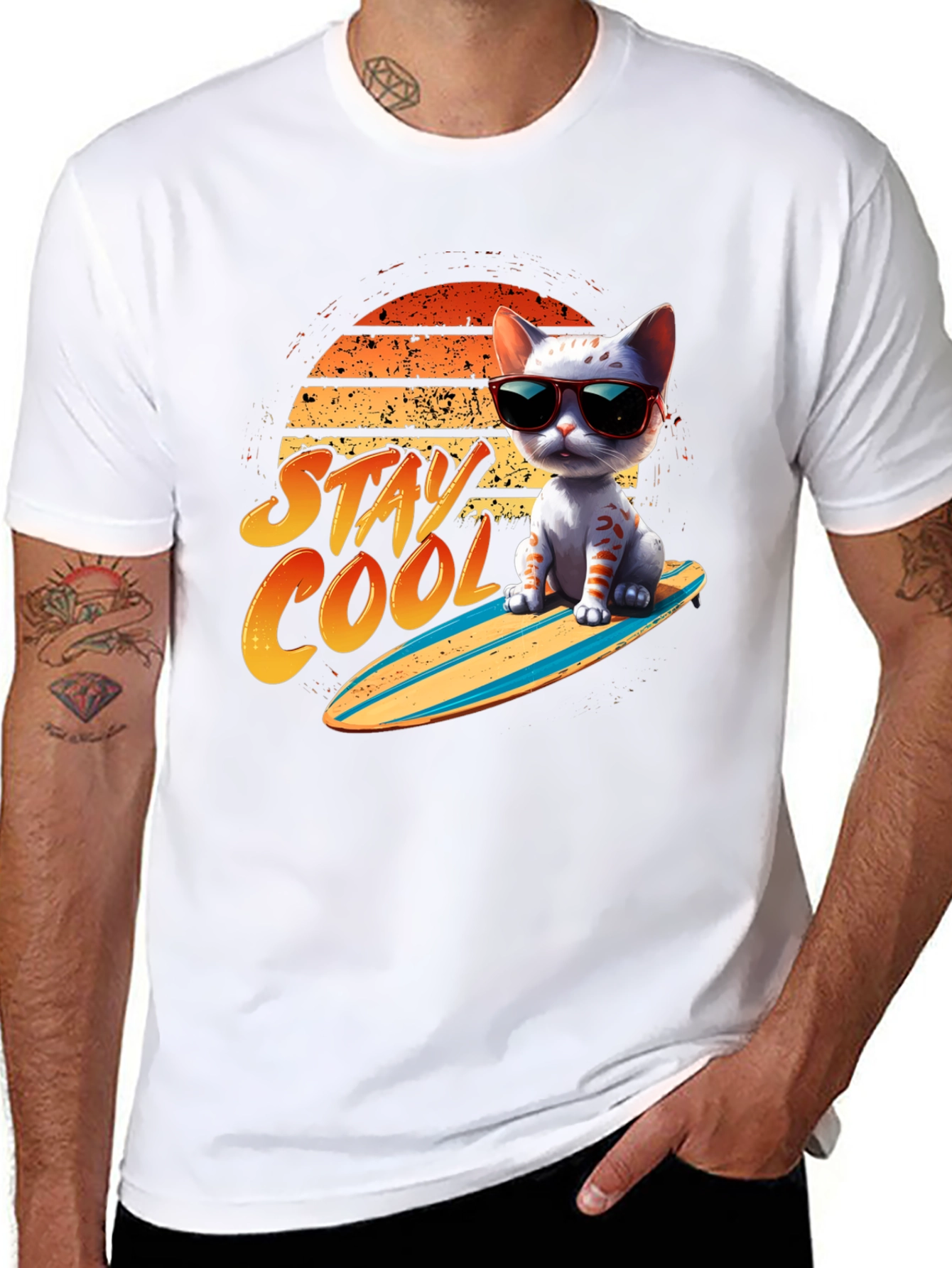 Black Cool Cat Surfboard T-Shirt view 8