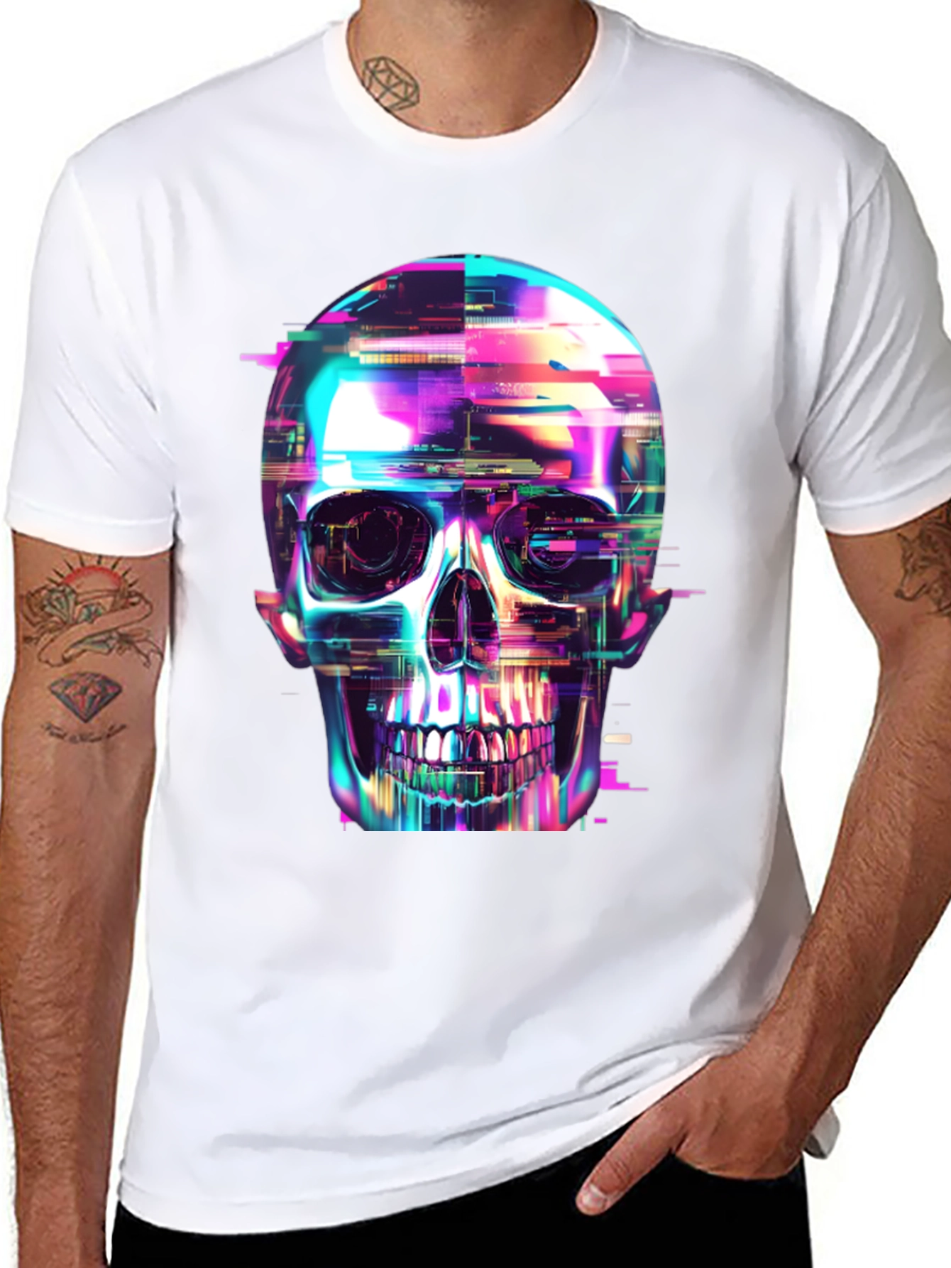 Black Cyberpunk Skull Graphic Tee - Black Cotton T-Shirt view 8