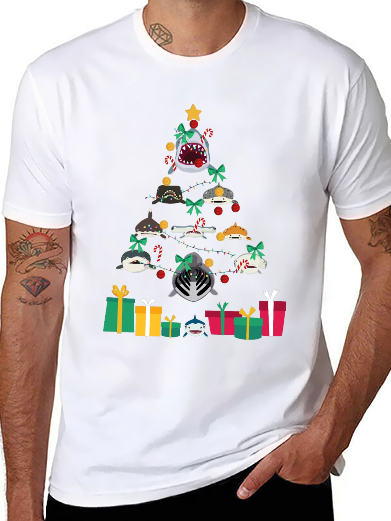 Black Shark Christmas Tree Black T-Shirt view 8