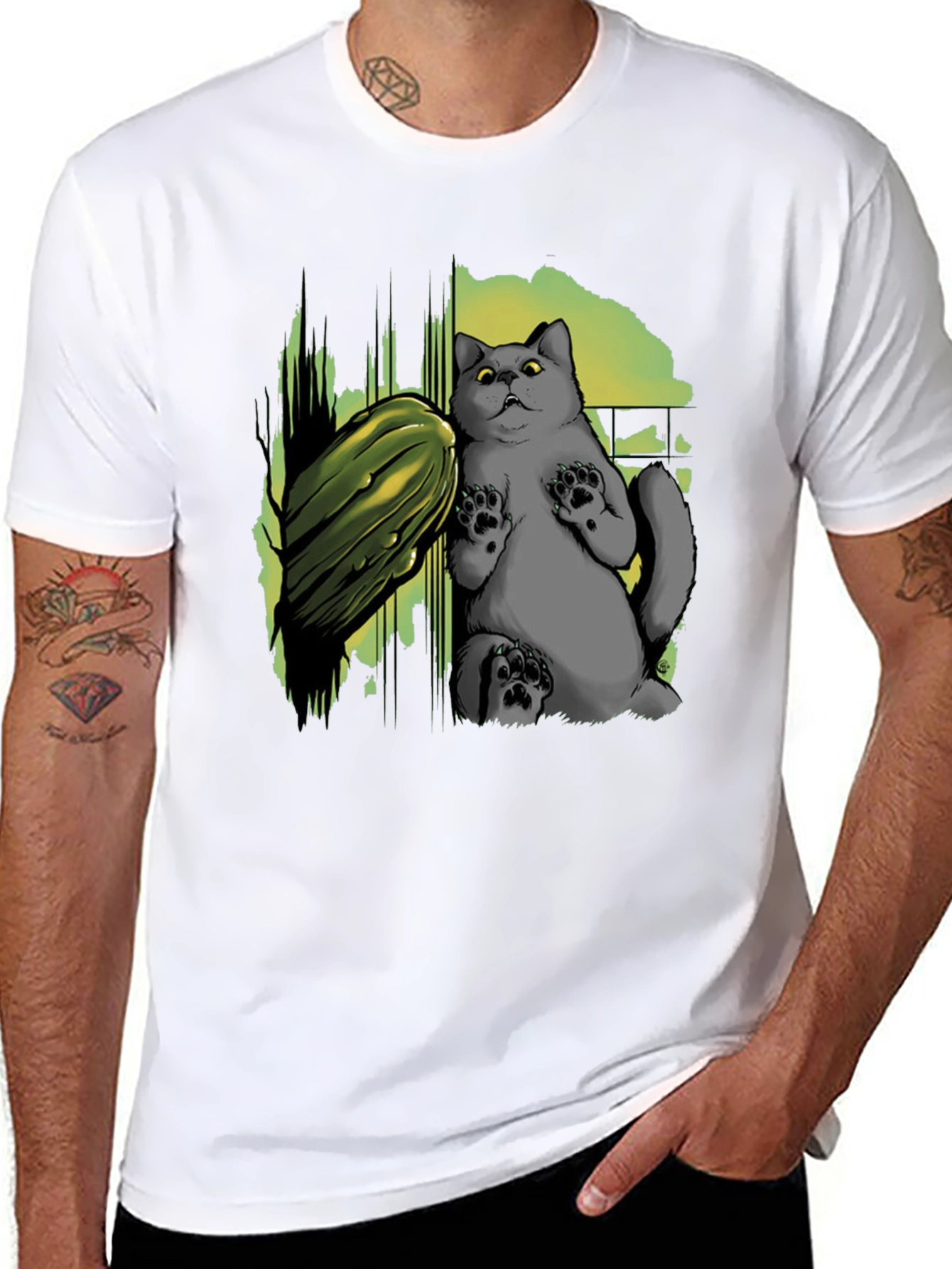 Black Funny Cat & Cucumber Graphic Tee - Black Cotton T-Shirt view 8