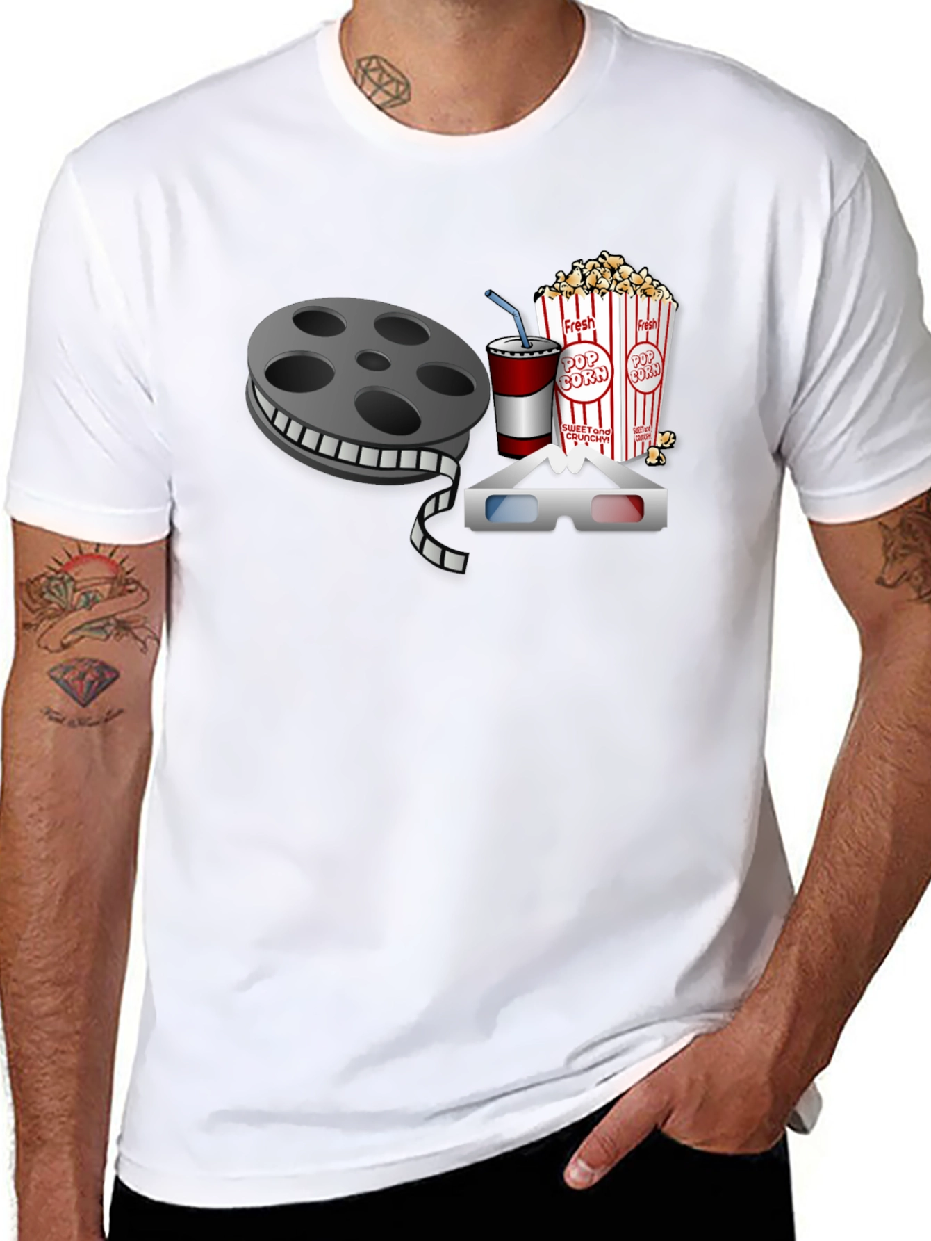 Black Movie Night T-Shirt: Reel, Popcorn, Soda & 3D Glasses view 8