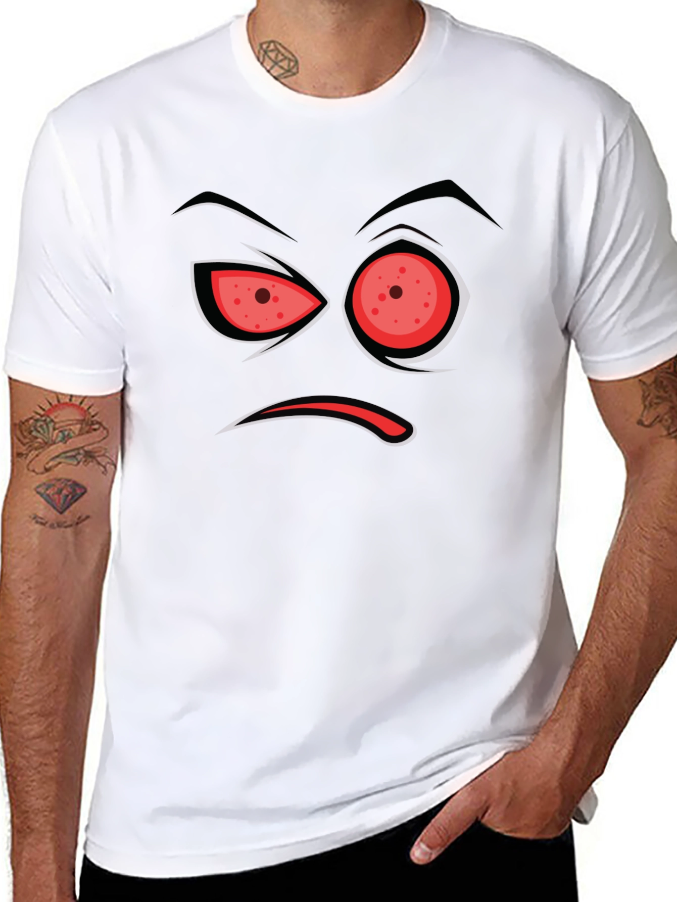 Black Men's Black T-Shirt with Angry Face Design view 8
