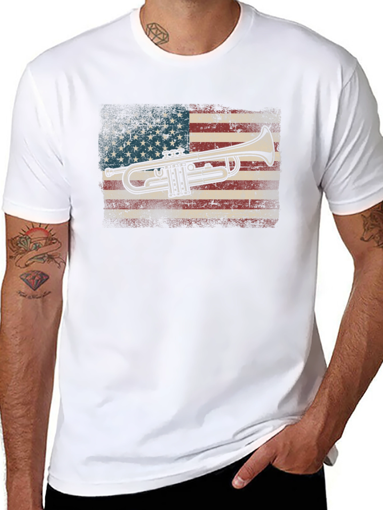 Black Trumpet USA Flag Graphic Tee - Black Cotton T-Shirt view 8