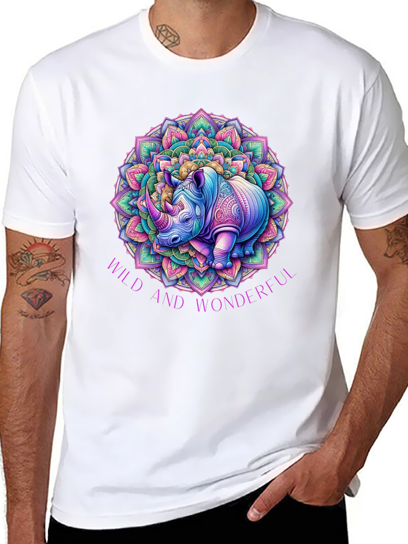 Black Wild and Wonderful Rhino Mandala T-Shirt view 8