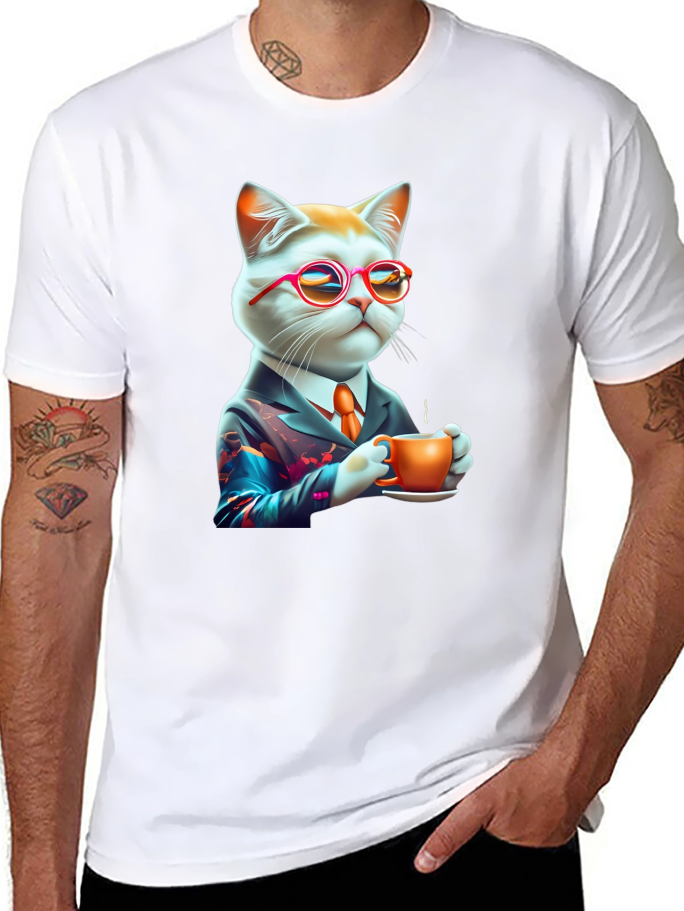Black Cool Cat T-Shirt - Cat with Coffee view 8