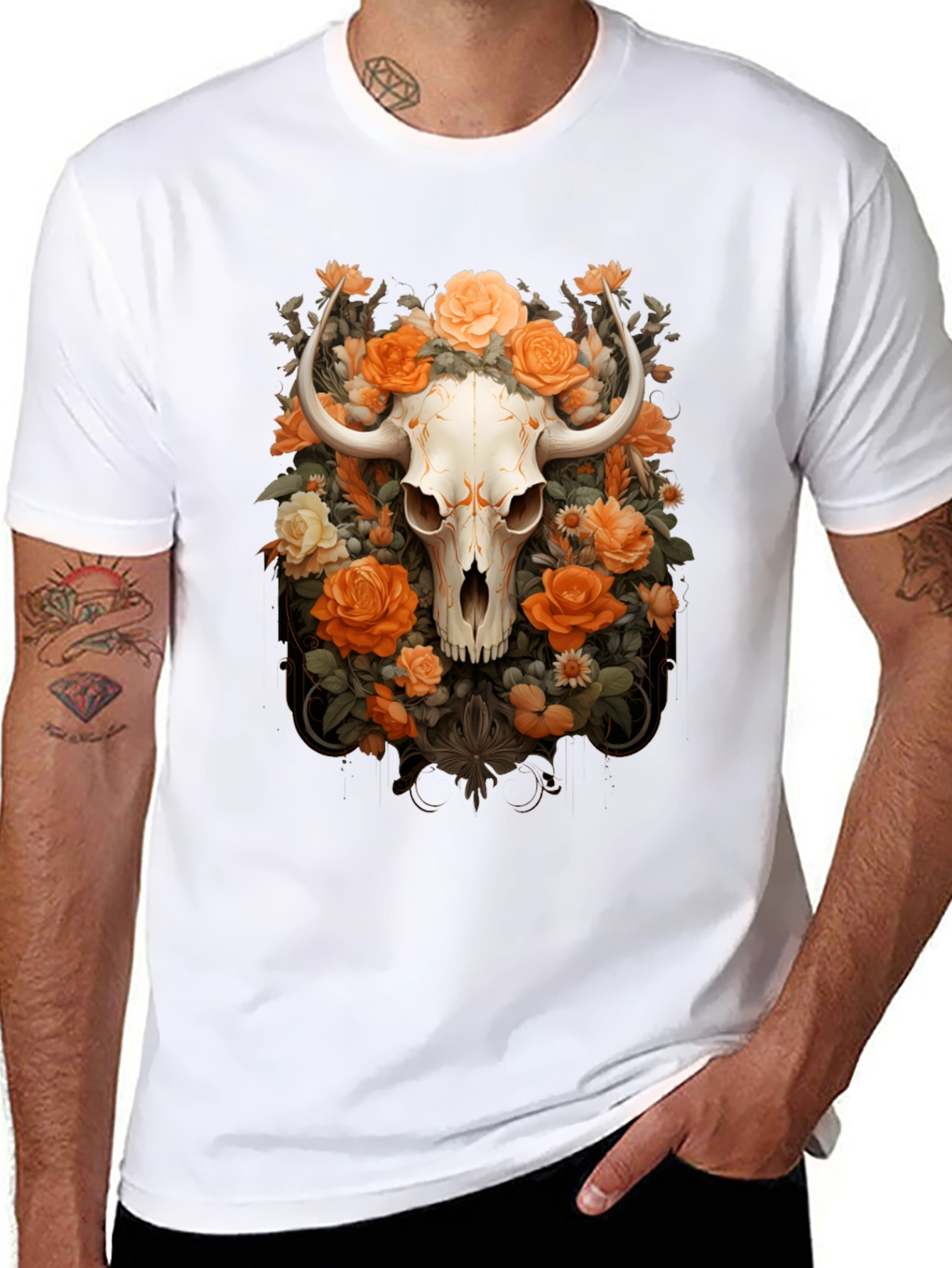 Black Floral Skull Graphic Tee - Unique Design view 8