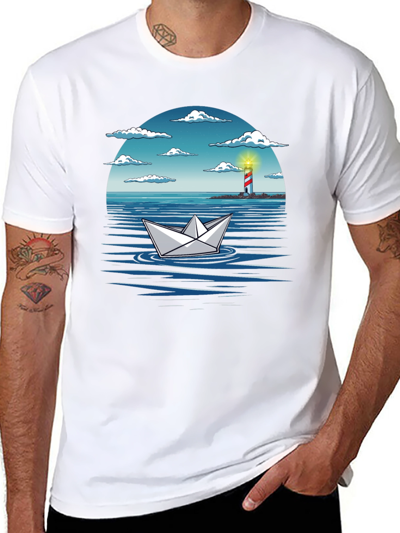 Black Paper Boat Lighthouse Graphic Tee - Nautical Adventure Shirt view 8