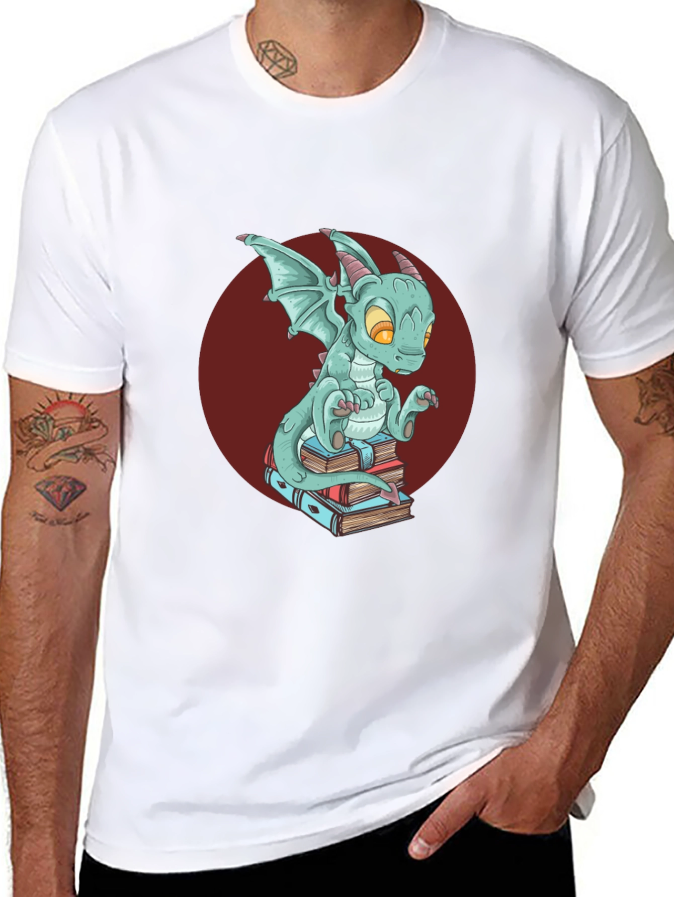 Black Dragon on Books T-Shirt - Black Graphic Tee view 8